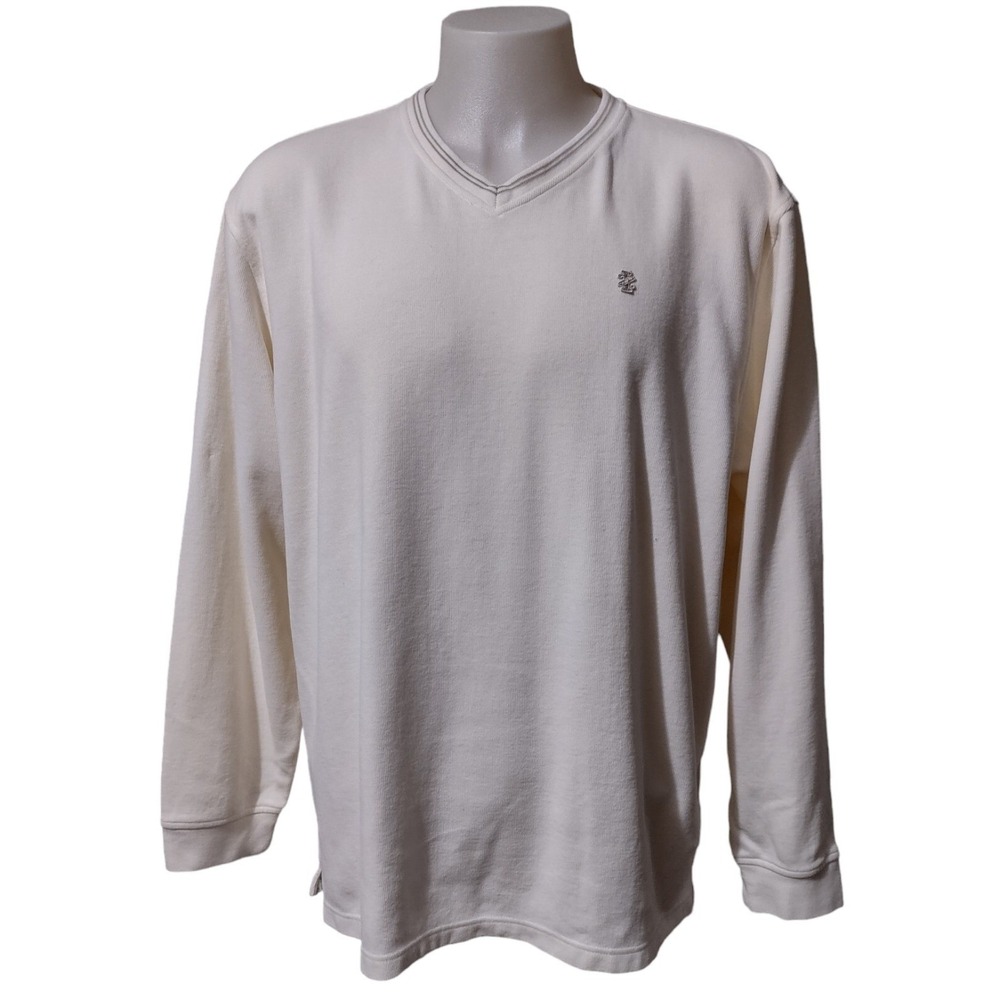 Izod Shirt XL Men Norm Core Cream Long Sleeve V-Neck Ribbed Pullover Logo Casual